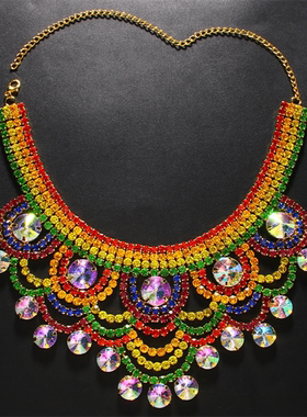 水钻多层女彩虹色夸张项链
