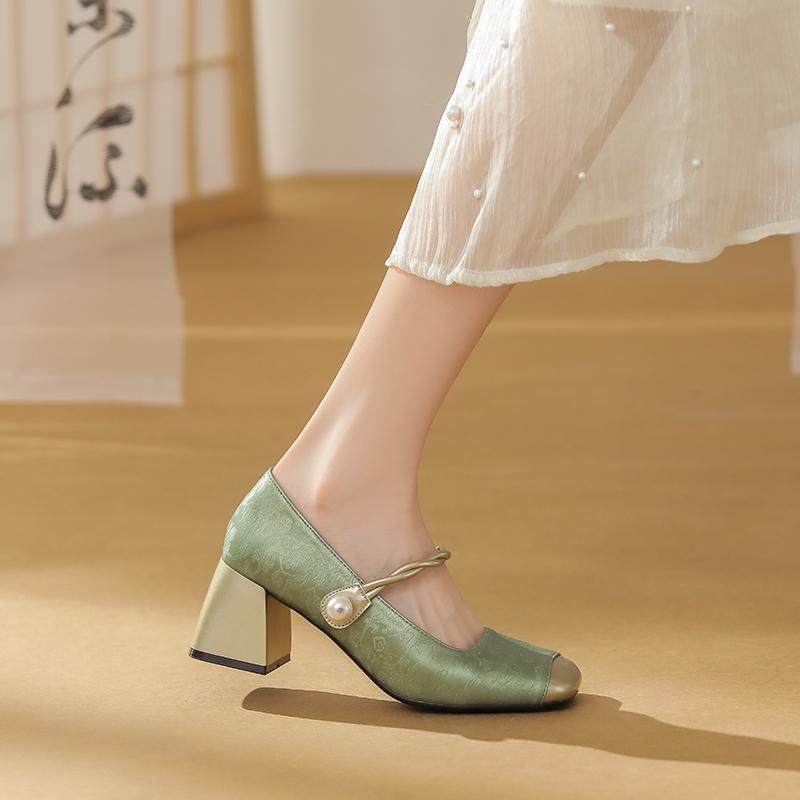 2025春夏新款法式玛丽珍鞋女高跟鞋新中式国风绸缎粗跟单鞋配裙子,淘宝优惠券,粉丝福利购,淘宝优惠卷