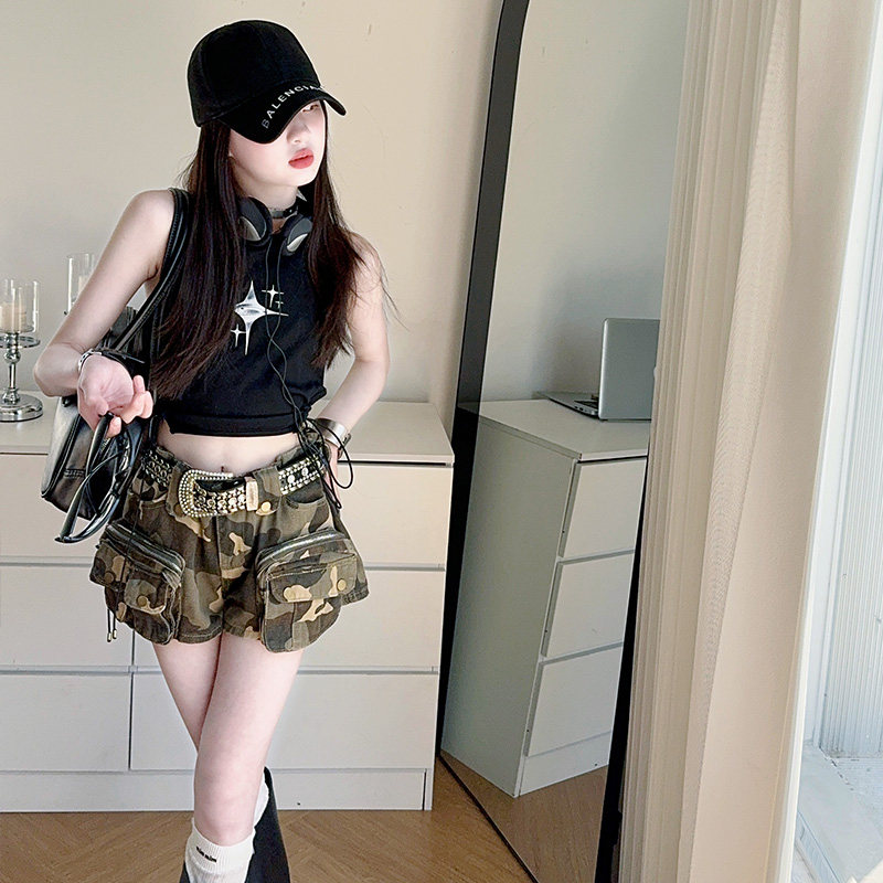 童裤2025夏季新款女童潮范短裤女宝辣妹风a字阔腿裤迷彩热裤,淘宝优惠券,粉丝福利购,淘宝优惠卷