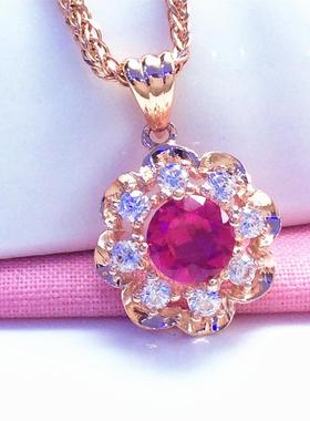 俄罗斯585紫金镶嵌花朵红石吊坠女款豪华气质镀18K彩金玫瑰金项链