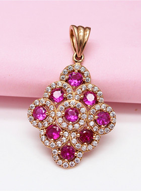 俄罗斯585紫金镀14K彩金玫瑰金镶嵌红宝石菱形吊坠时尚气质女项链
