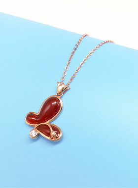 俄罗斯585紫金镶嵌红色蝴蝶吊坠女镀14K玫瑰金简约百搭锁骨链礼物