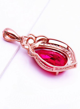 俄罗斯585紫金项链镀14K彩金玫瑰金女时尚豪华镶嵌红宝石水滴吊坠