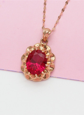 俄罗斯585紫金时尚镶嵌红宝石花朵吊坠玫瑰金镀14k女款项链高级感