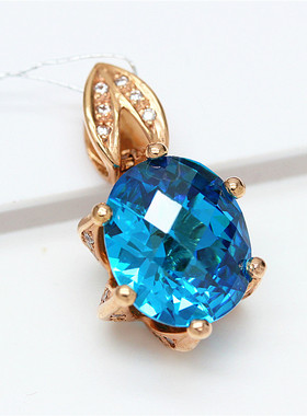 俄罗斯585紫金韩版海蓝椭圆吊坠奢华女款高级小众项链潮流ins礼物