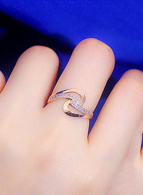 俄罗斯585紫金镶嵌波浪锆石戒指女士镀14K玫瑰金精美几何镂空指环