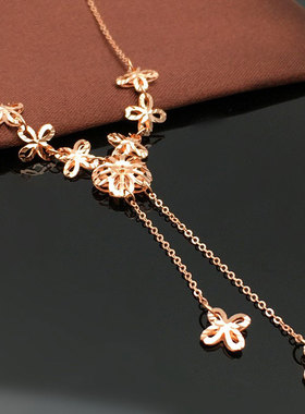 俄罗斯585紫金锁骨链镀14K玫瑰金时尚镂空四叶草项链精致欧美复古