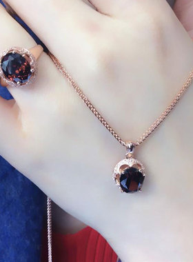 俄罗斯585紫金镀14K玫瑰金镶嵌烟色吊坠项链女款简约气质精美饰品
