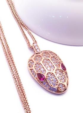 俄罗斯585紫金镀18K玫瑰金镶嵌锆石蛇形吊坠女时尚豪华气质锁骨链