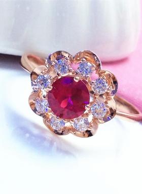 俄罗斯585紫金镀14K玫瑰金红宝石波浪花朵女奢华洋气指环精致时尚