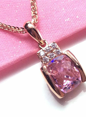 俄罗斯585紫金女款气质镀14k玫瑰金几何吊坠百搭奢华镶嵌锆石项链