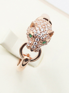 俄罗斯微镶锆石豹头戒指潮流高级感镀玫瑰金指环女轻奢