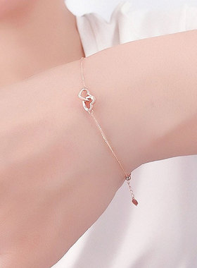 俄罗斯585紫金女镀14K玫瑰金时尚甜美百搭肖邦加珠爱心双环项链女