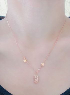 俄罗斯585紫金时尚简约如意方牌项链镀14K玫瑰金气质百搭女款礼物