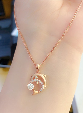 俄罗斯585玫瑰金女款镶嵌海豚吊坠镀14K玫瑰金简约时尚设计高级感