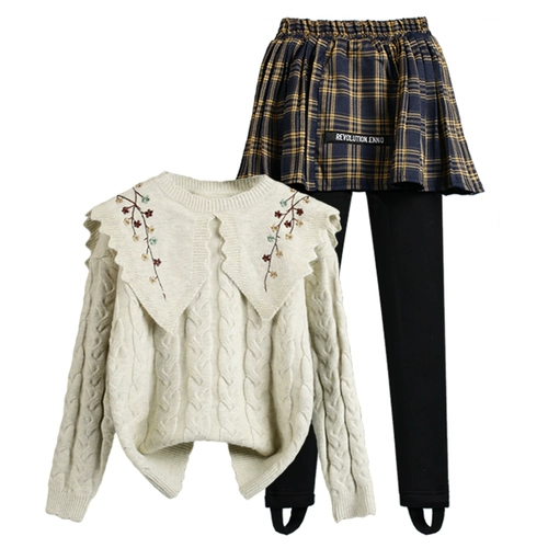 Демисезонный утепленный свитер, комплект, штаны, 2022, с вышивкой, в западном стиле