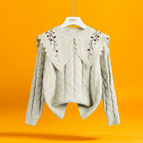 Демисезонный утепленный свитер, комплект, штаны, 2022, с вышивкой, в западном стиле