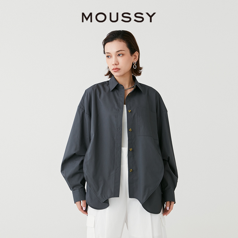 MOUSSY 2024新品简约纯色单排扣通勤风宽松翻领衬衫028HSA30-0361 - 图0