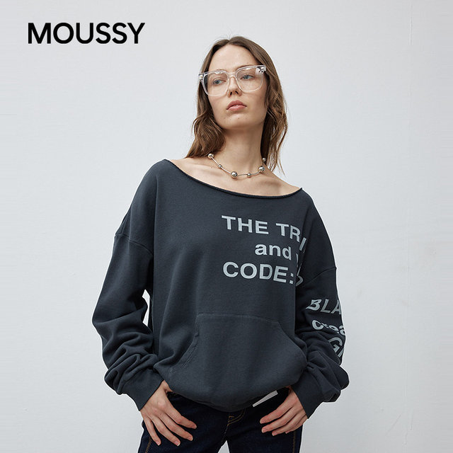 MOUSSY spring new product lazy casual style letter contrast one-line collar sweatshirt 028IAZ90-1301
