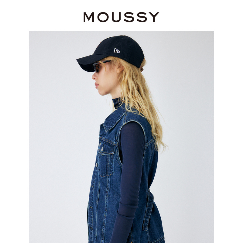 【明星同款】MOUSSY 复古街头纯色无袖翻领牛仔外套010GSK11-0050 - 图0