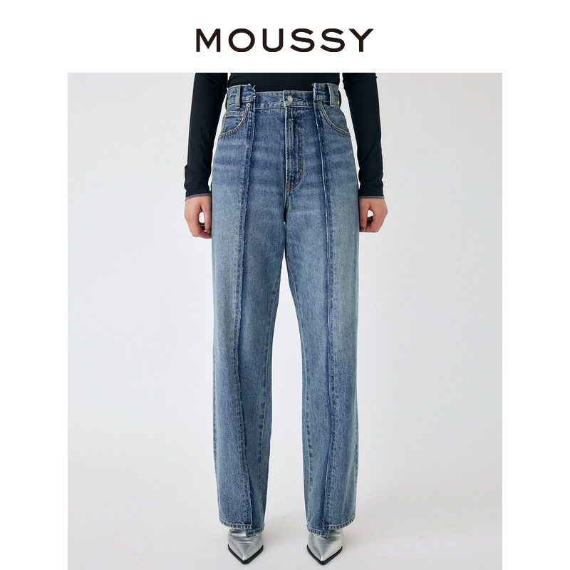 MOUSSY 夏季新品破损不对称设计感直筒牛仔裤女010GA611-5250 - 图0