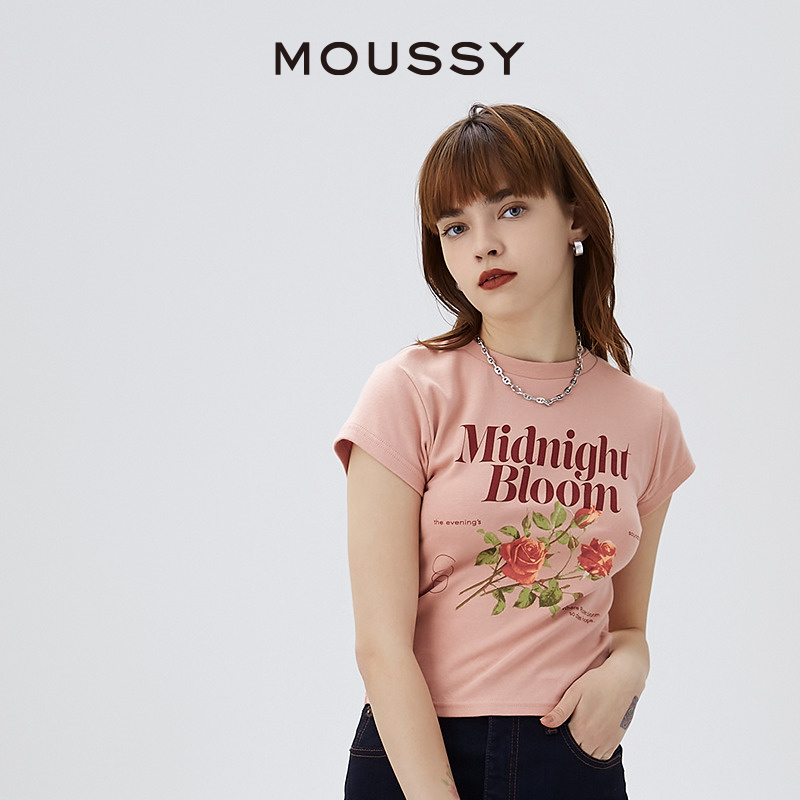 MOUSSY 2024初夏新品复古玫瑰印花正肩短袖T恤028HSQ90-1711 - 图0