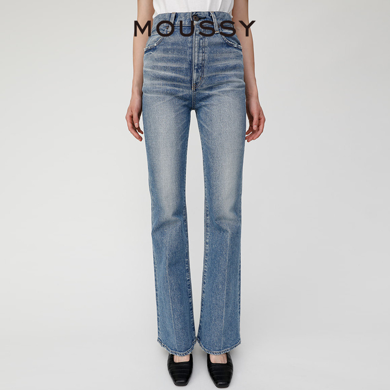 MOUSSY 2024夏季新品美式复古蓝色抓纹微喇裤牛仔裤010HSA12-1000 - 图0