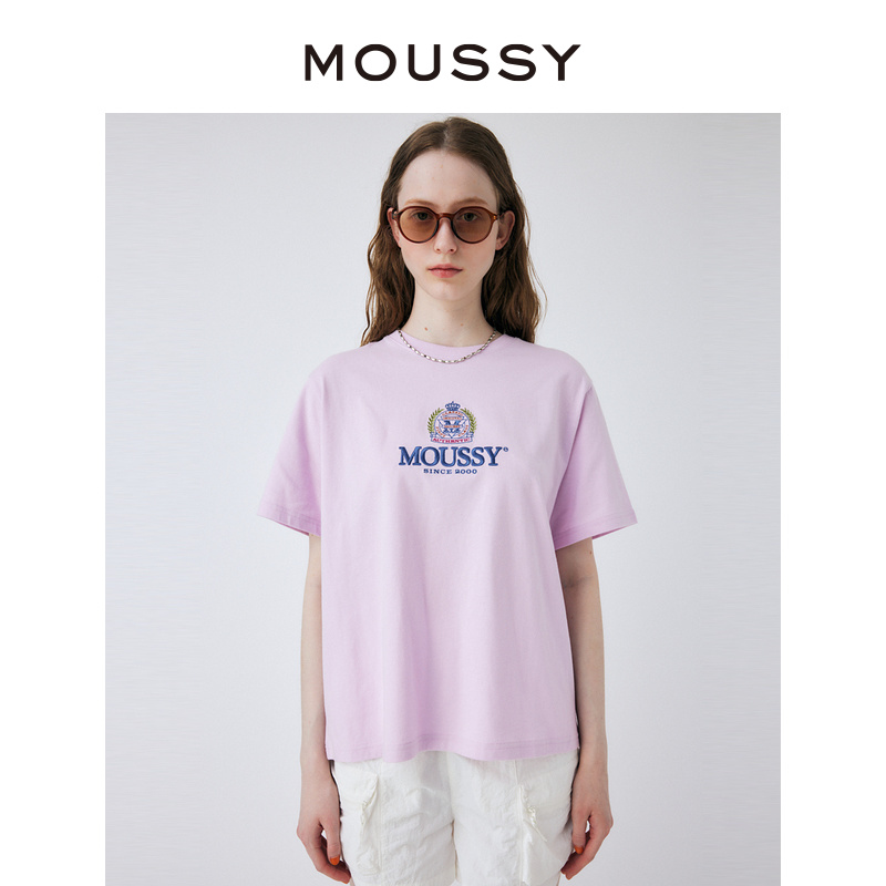 MOUSSY 夏季新品多色徽章刺绣学院风短袖T恤女010GSQ90-0780 - 图0