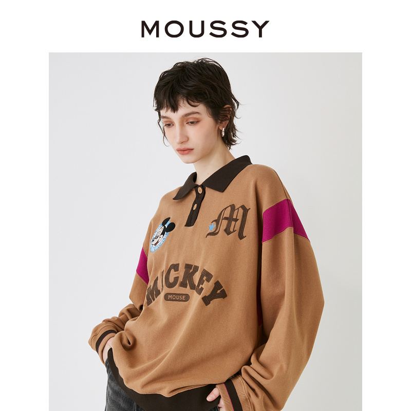 MOUSSY 2024新品可爱米奇图案撞色学院风polo领卫衣028GAY90-5090-图0