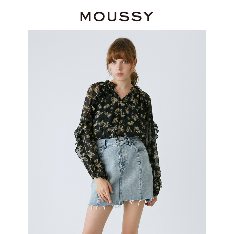 MOUSSY 甜美碎花休闲田园感荷叶边微透雪纺长袖衬衫028GAH30-6130 - 图0