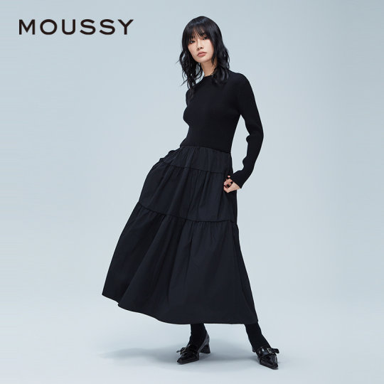 MOUSSY 冬季新品芭蕾风半高领拼接针织连衣裙女028HAA33-3111