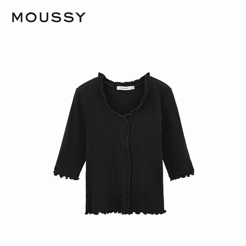 MOUSSY 2024夏季新品优雅甜美木耳边五分袖针织上衣029GSA80-0130 - 图3