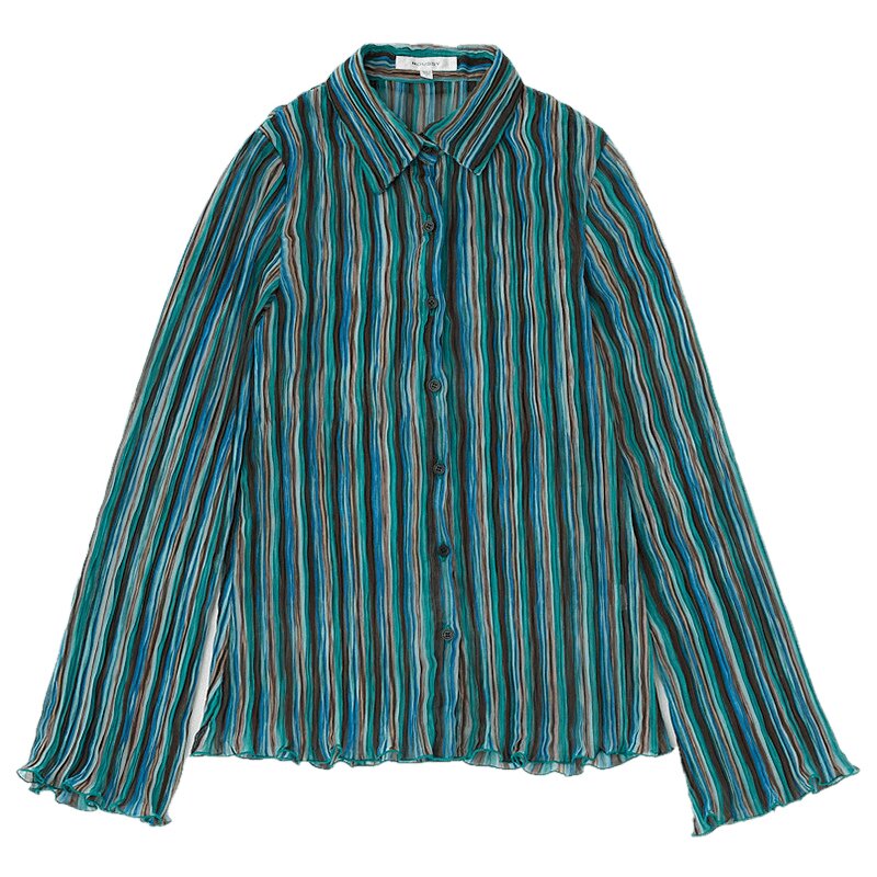 MOUSSY 2025春季新品复古森系风条纹褶裥雪纺衬衫女010ISS30-8781