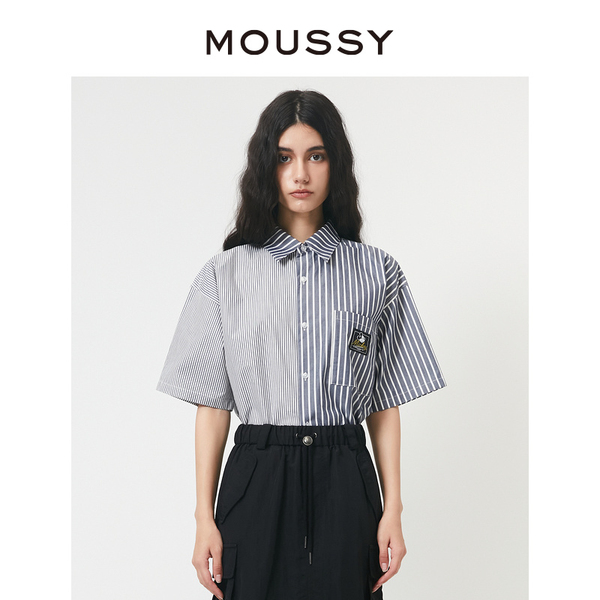 MOUSSY 通勤短款条纹米奇印花宽松短袖多巴胺衬衫女028GSQ30-0130 - 图1