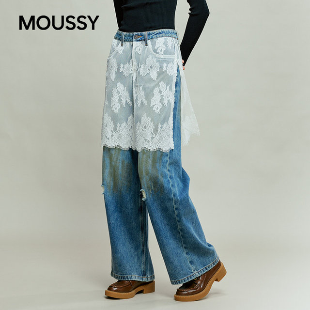 MOUSSY spring new sweet and cool hot girl style lace stitching ripped jeans 028IAA11-1024