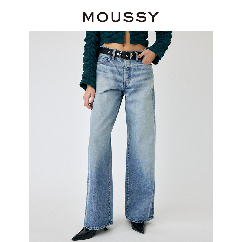 MOUSSY 2024夏季新品低腰水洗磨破宽松阔腿牛仔裤女010HSA11-0740 - 图1