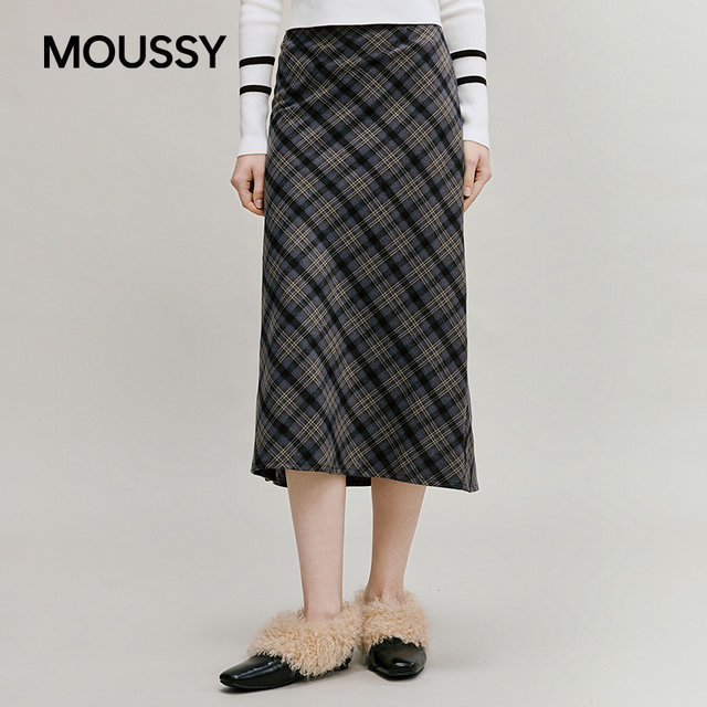 MOUSSY 2026 spring new retro plaid contrasting straight slit skirt for women 028IAA31-1031