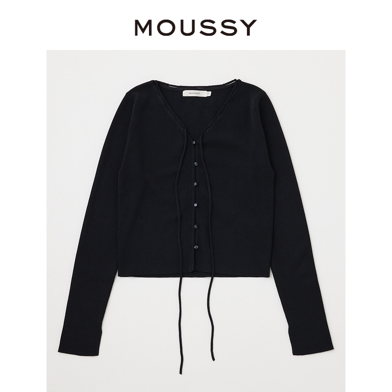 MOUSSY 气质通勤抽绳V领系扣系带修身短款针织开衫010GA270-6390 - 图3