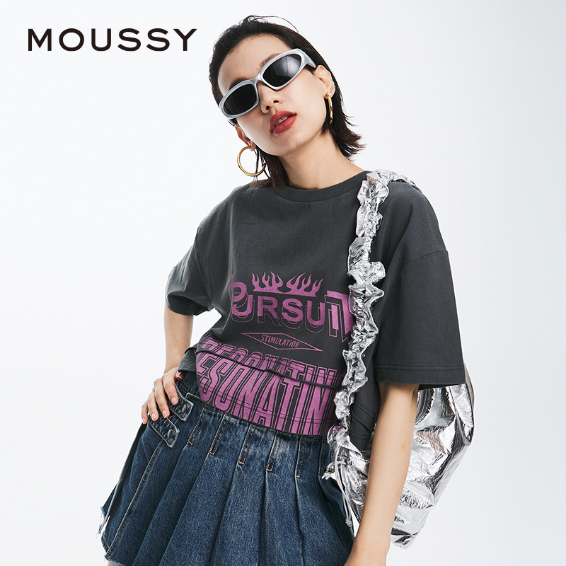 MOUSSY 2024夏季新品美式复古辣妹风千禧短款T恤女028HSZ90-1661 - 图1