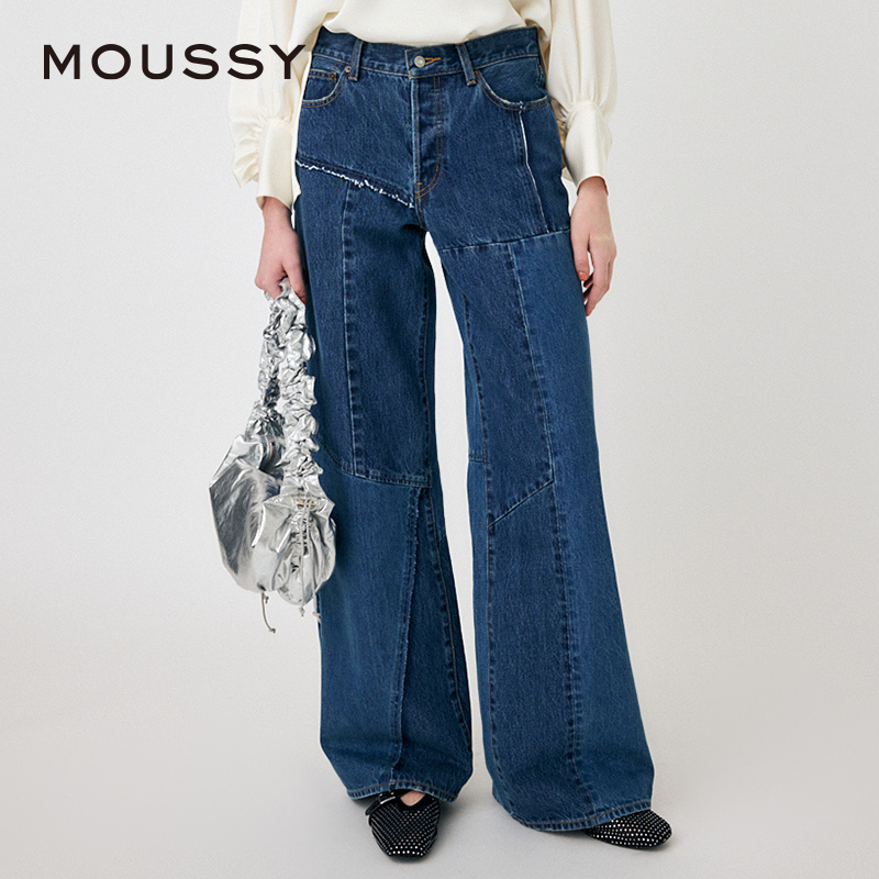 MOUSSY 2024夏季新品设计感解构拼接阔腿裤牛仔裤女010HS611-0660-图0