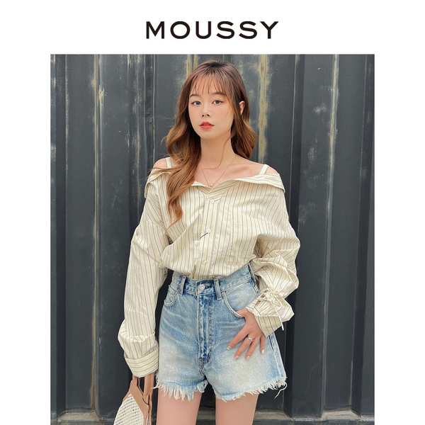 MOUSSY 气质淑女风吊带一字肩单排扣抽褶长袖衬衫女028GS730-0080