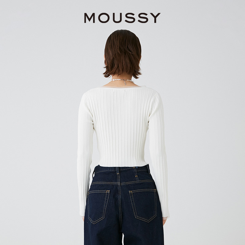 MOUSSY 2024新品简约通勤风针织开衫薄纱修身小上衣010HSS70-0350 - 图1