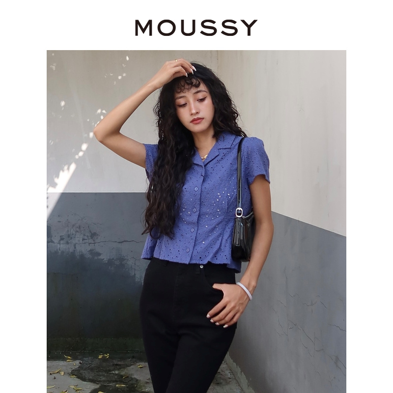 MOUSSY 夏季新品通勤淑女镂空泡泡袖收腰短袖衬衫女028FS730-0350 - 图2