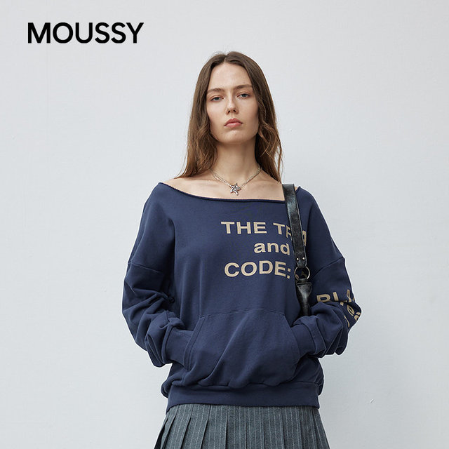 MOUSSY spring new product lazy casual style letter contrast one-line collar sweatshirt 028IAZ90-1301
