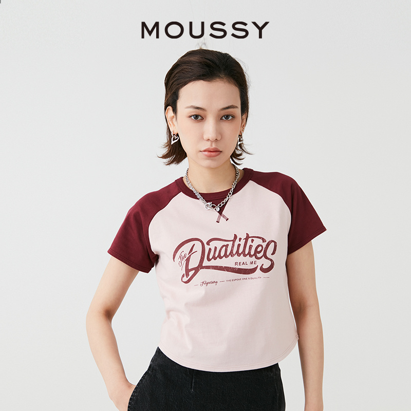 MOUSSY 2024夏季新品撞色插肩袖字母印花休闲T恤女028HSZ90-0611 - 图1