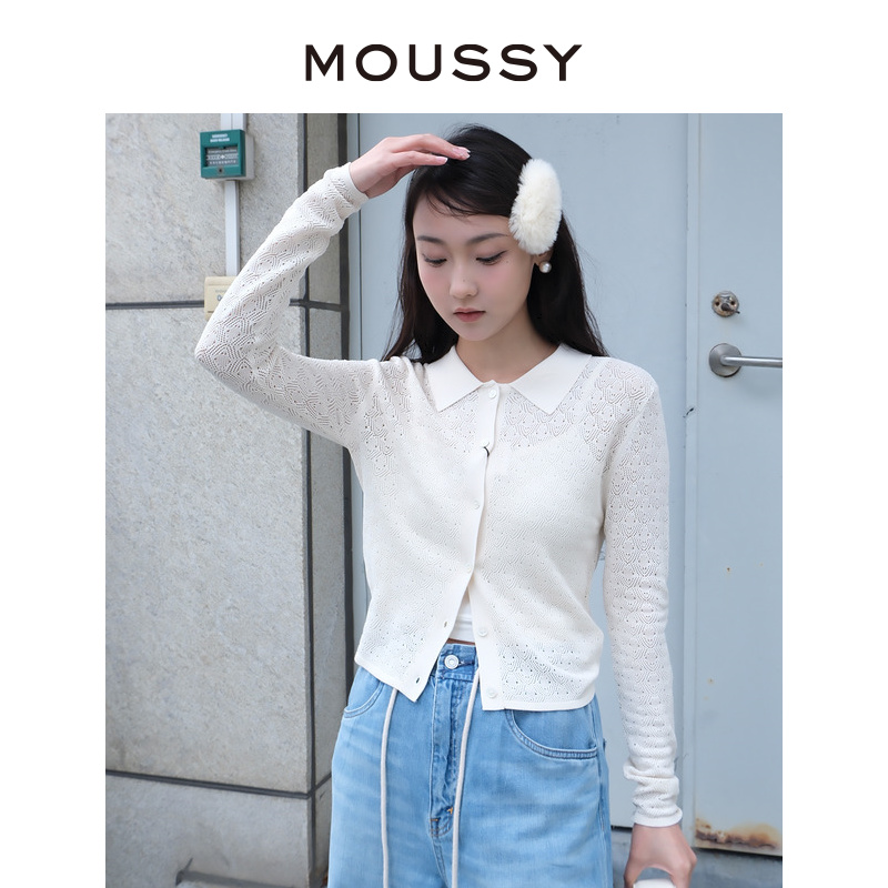 MOUSSY 气质通勤风垂感微透修身短款纯色针织开衫女028GSZ70-0060 - 图0