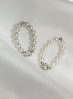 ｛气泡方糖戒指｝简约轻奢银灰色珍珠指环小众设计款珍珠松紧绳