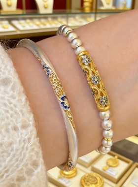 新中式捡秋霜蓝花珐琅手镯女镀银不掉色夸张手环小众设计感高级感