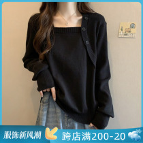 Big Code Cover Tummy Lazy Wind Loose Knit Undershirt Autumn Winter Fat MM Design Sensation Slim Square Collar Long Sleeve Blouse