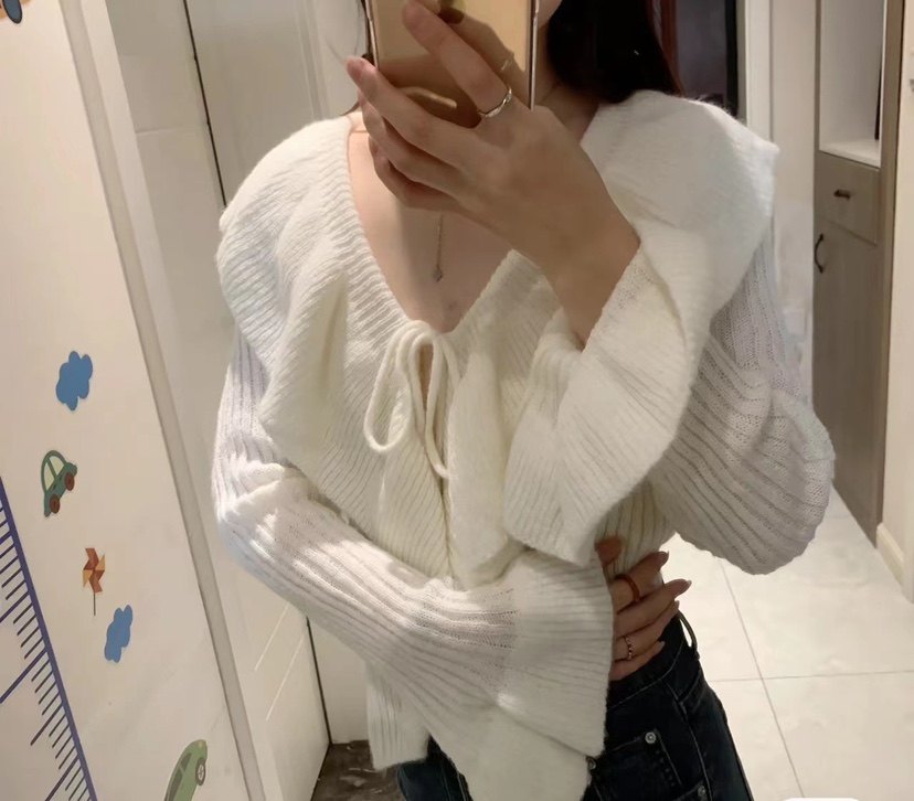 2025春秋纯欲风小众设计感荷叶边毛衣针织系带减龄上衣女喇叭袖,淘宝优惠券,粉丝福利购,淘宝优惠卷